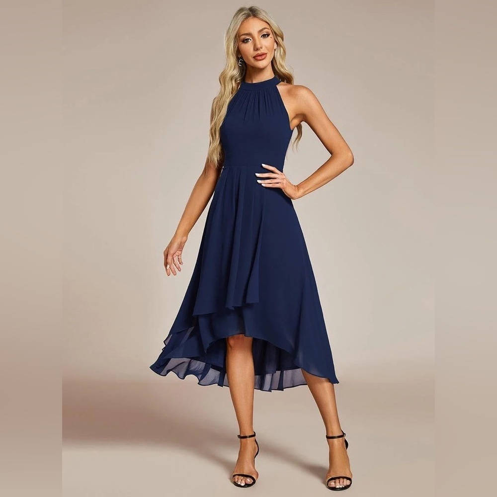 🆕 Midi Halter Neck Chiffon Wedding Guest Dress with Sleeveless and A-Line